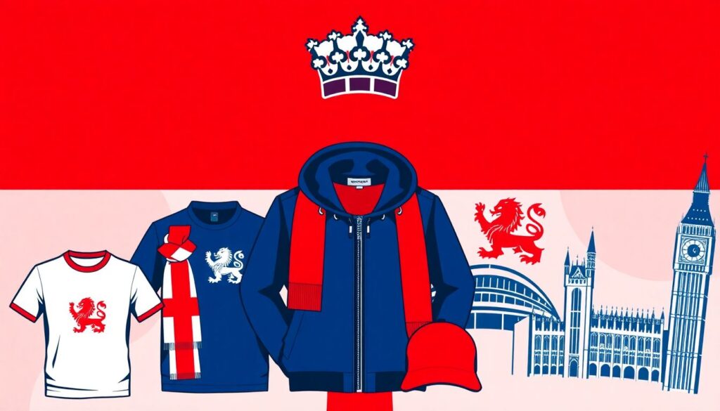 Фанатская мода: футболки, шарфы и символика England-wide - иллюстрация